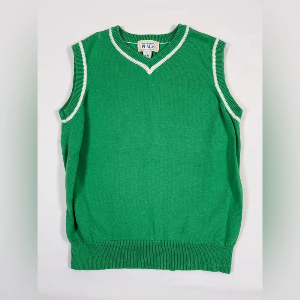 THE CHILDREN'S PLACE Boys Y2K Preppy 100% Cotton Kelly Green Knit Sweater Vest S